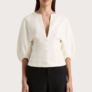 Faithfull The Brand Women's White Plunge Split Neck Linen Maia Top Sz 10 NWOT